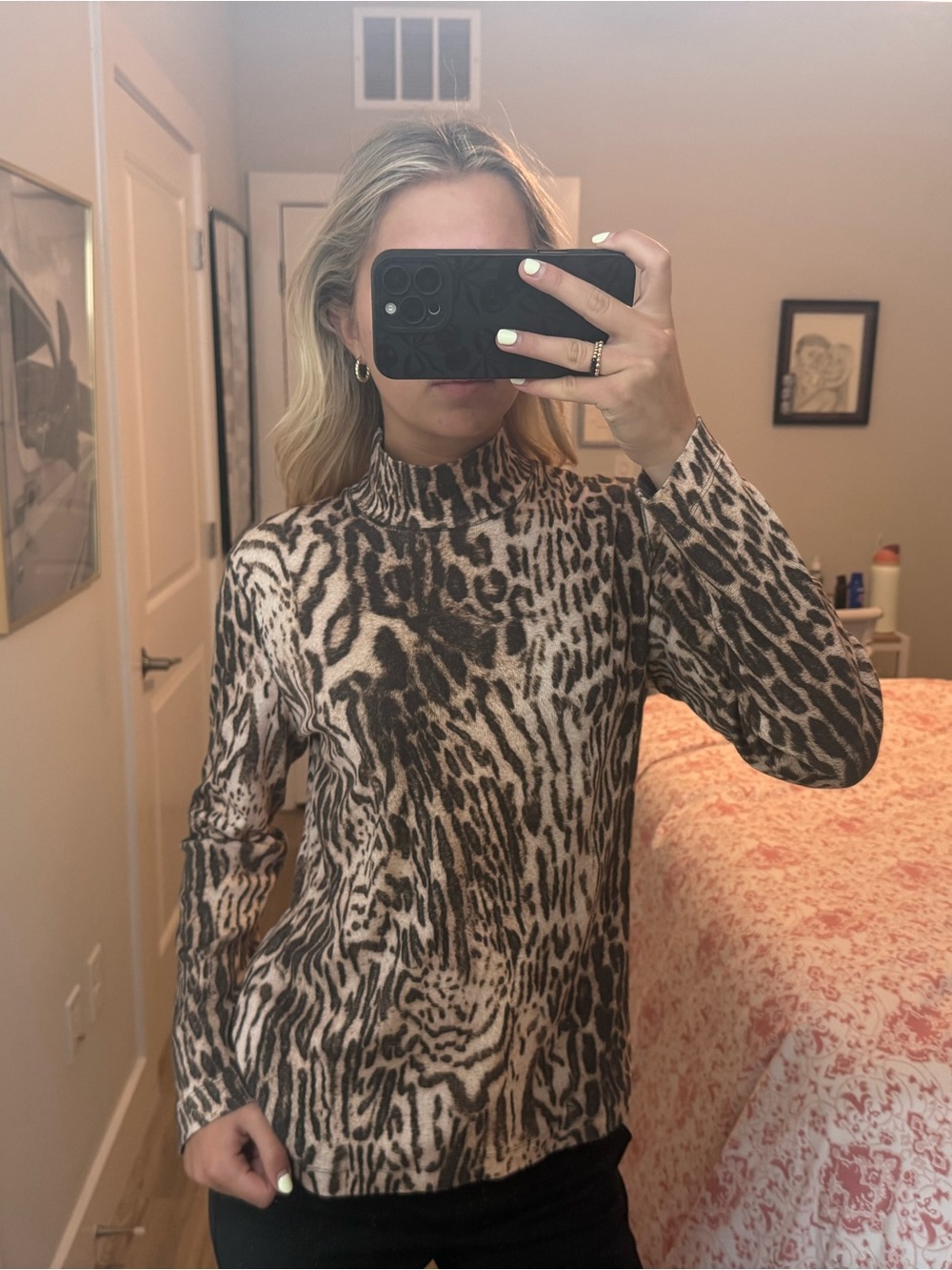 Animal Print Mock Neck Long Sleeve Top - Beige & Brown
